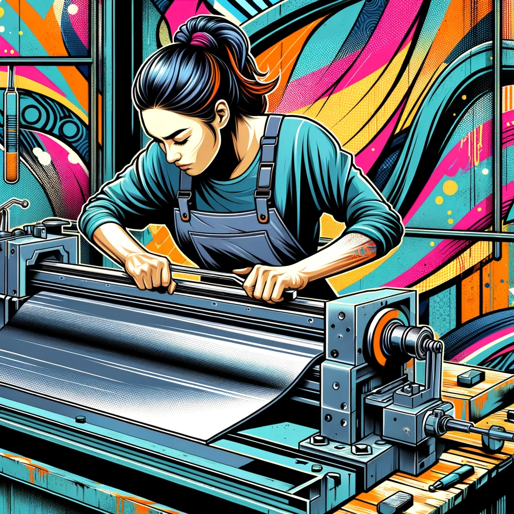 Une femme travaille utilisant une machine à plier le métal